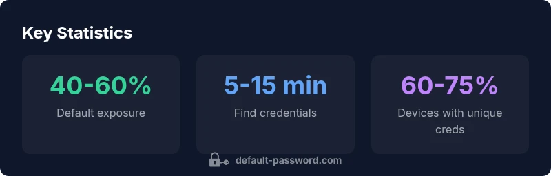 Infographic showing default password exposure, time to locate credentials, and unique credential usage