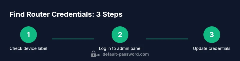 Three-step infographic showing how to find router credentials