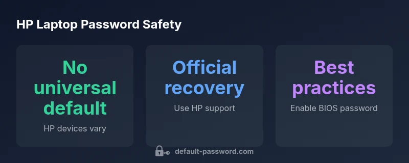 Infographic showing no universal HP default password, official recovery, and best practices for BIOS security