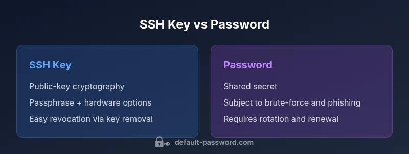 Infographic comparing SSH key authentication vs password-based login