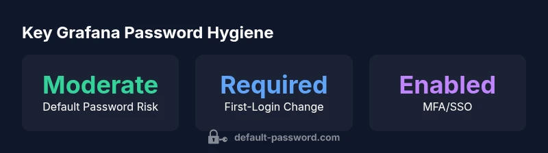 Grafana password hygiene infographic showing risk, first-login change, and MFA adoption
